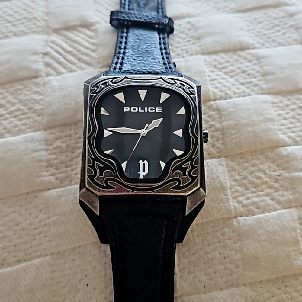 Police Watch for Men Leather Strap Black